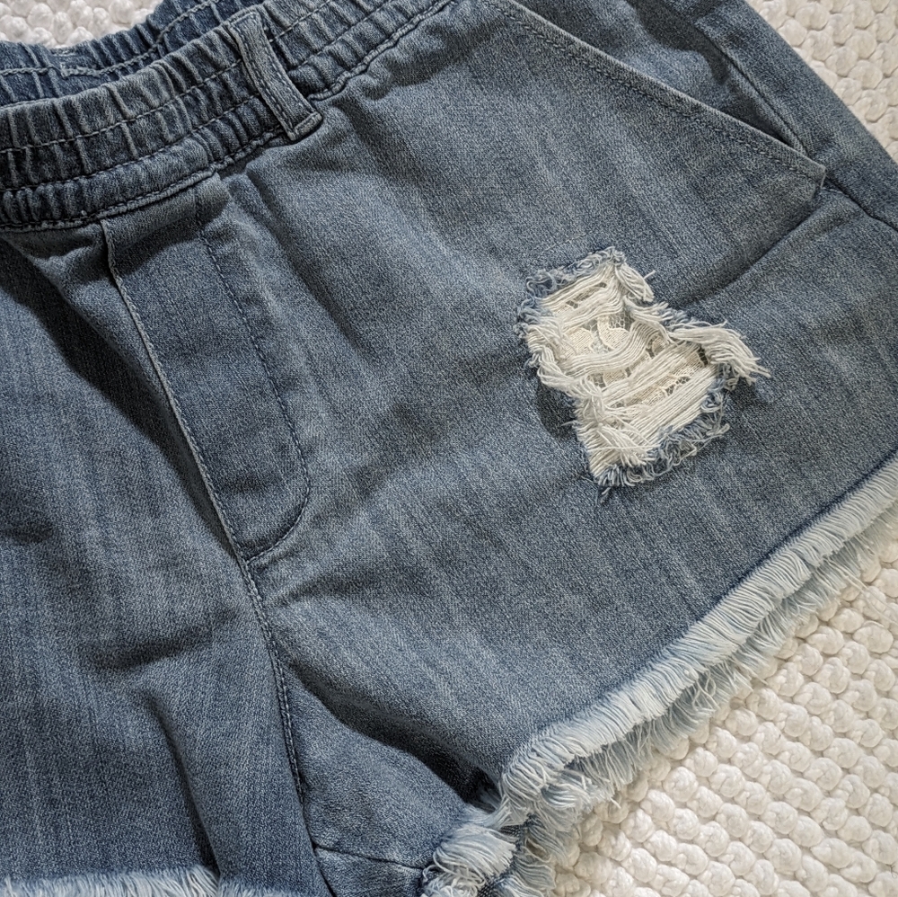 Aerie Pull-On Distressed Chambray Style Shorts - Picture 2 of 7